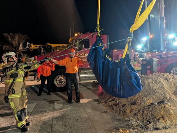 救援團隊出動吊車，成功將海牛救出。（翻攝Brevard County Fire Rescue）