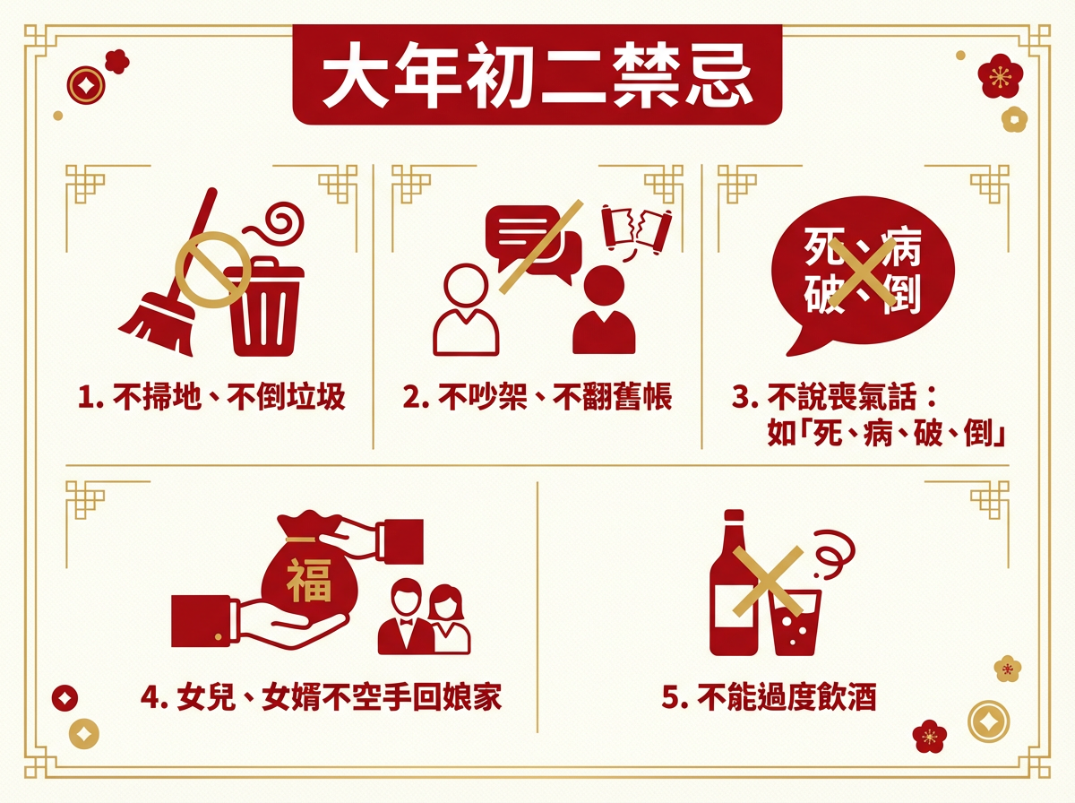 ▲初二禁忌   。（AI協作圖／記者陳美伶製作，經編輯審核）