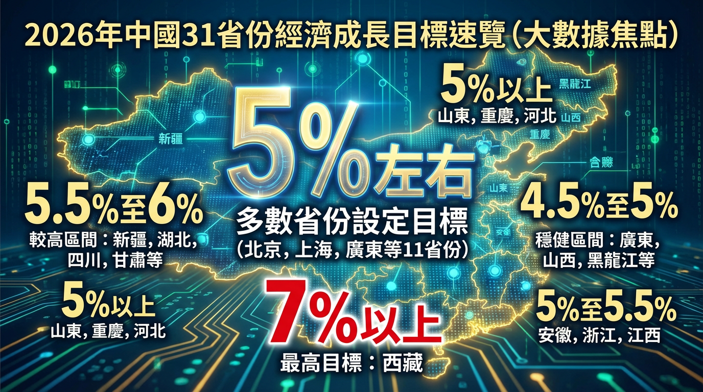 ▲大陸31個省份在春節前陸續公佈2026經濟成長率目標。（AI協作圖／記者魏有德製作，經編輯審核）