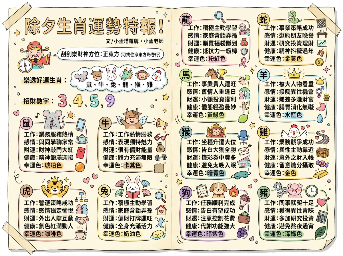 ▲▼2026除夕生肖運勢。（AI協作圖／記者董美琪製作，經編輯審核）