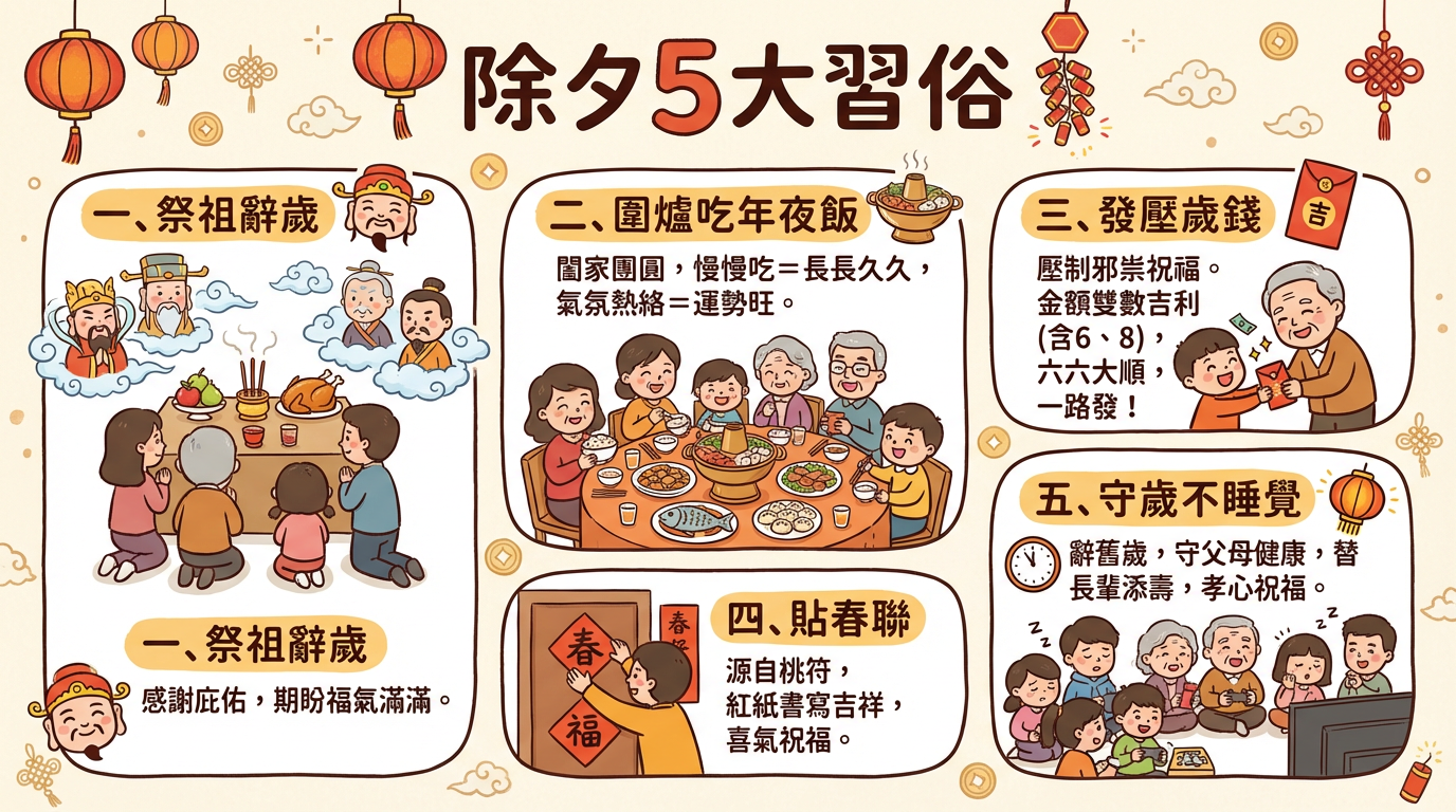 ▲▼除夕10大禁忌一次看　守歲不早睡5大習俗添福。（AI協作圖／記者柯沛辰製作，經編輯審核）