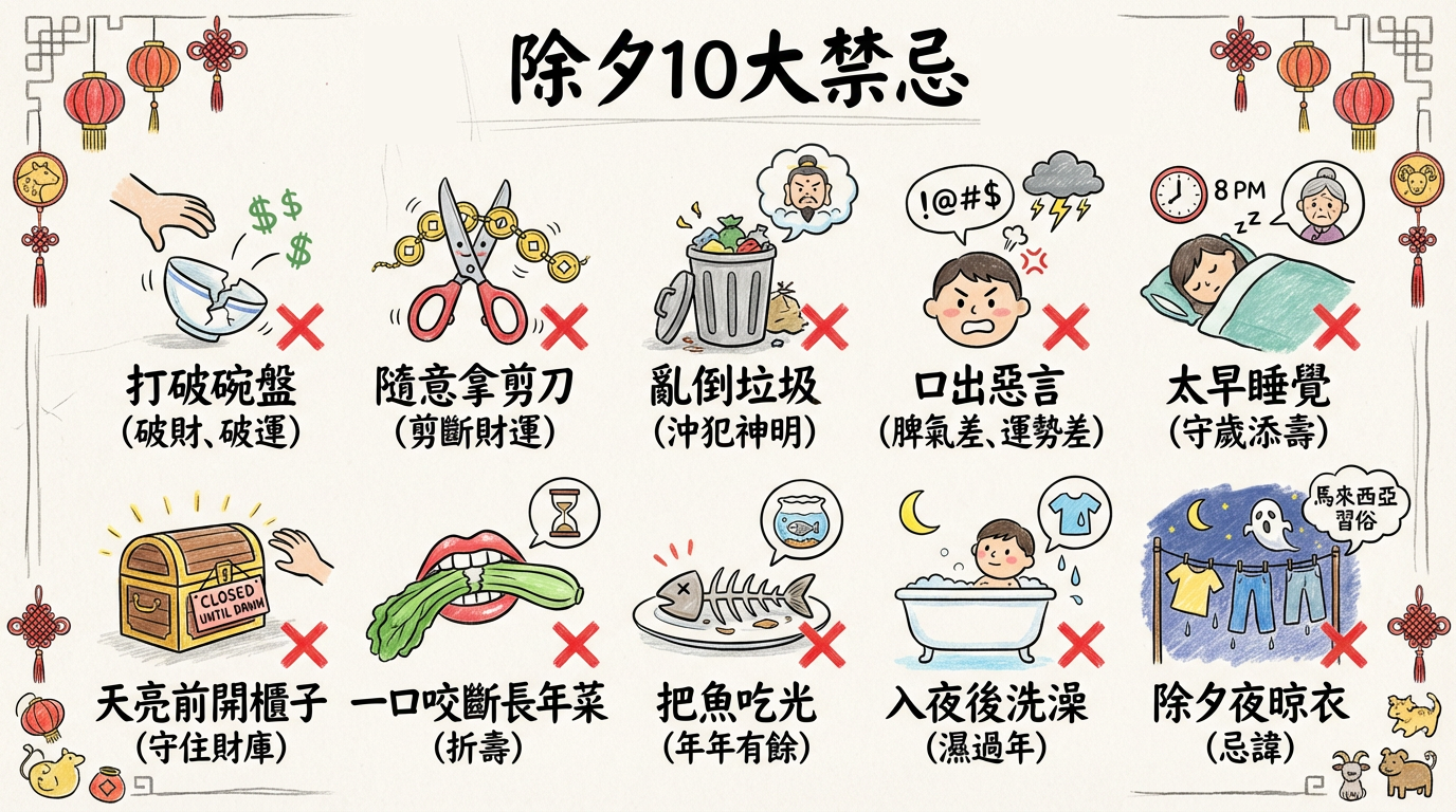 ▲▼除夕10大禁忌一次看　守歲不早睡5大習俗添福。（AI協作圖／記者柯沛辰製作，經編輯審核）