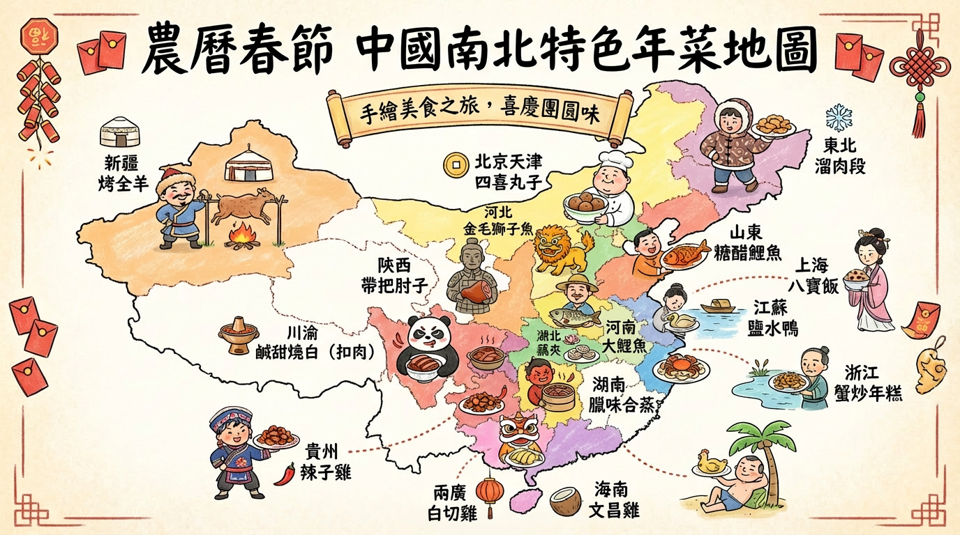 ▲中國大陸各地年夜飯特色料理。（AI協作圖／記者魏有德製作，經編輯審核）