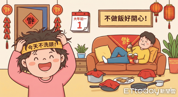 ▲▼ 大年初一老祖宗傳下來不洗頭、不煮飯「圖片為 AI 生成，經編輯審核」／「AI協作圖／記者任以芳製作，經編輯審核」