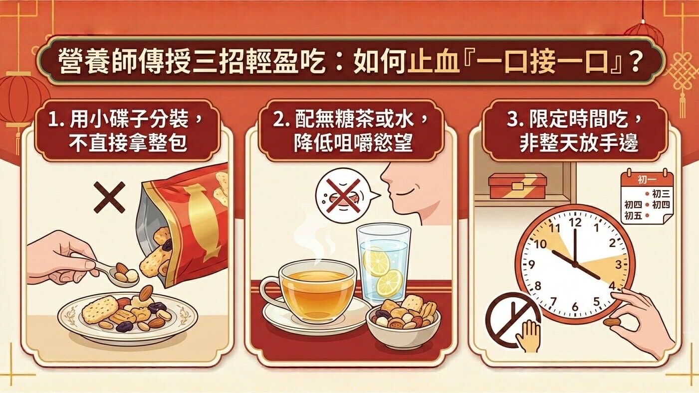 ▲「一口接一口」如何止血？營養師傳授3招輕盈吃。（AI協作圖／記者胡至欣製作，經編輯審核）