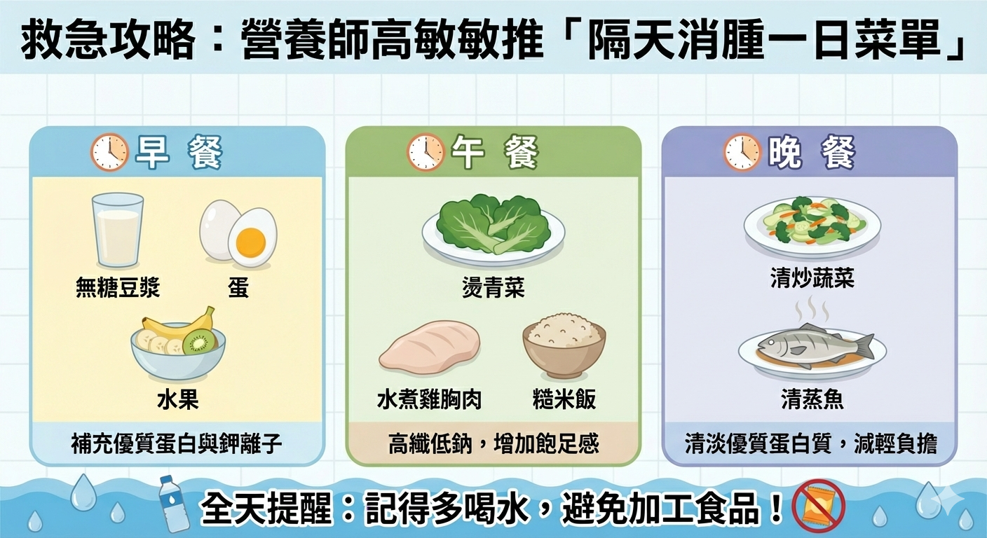 ▲營養師高敏敏推「隔天消腫一日菜單」。（AI協作圖／記者胡至欣製作，經編輯審核）