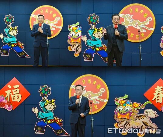 ▲全國船聯會理事長蔡豐明、全國商業總會理事長許舒博、交通部次長林國顯在海運界春節團拜上致詞。（圖／記者張佩芬攝）