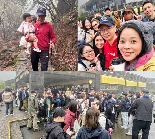 ▲左上圖黃志芳幫同仁抱小孩走下坡路段；右上同仁與眷屬爭相與黃志芳合照，下圖為熱烈參與活動人潮。（圖／貿協提供）