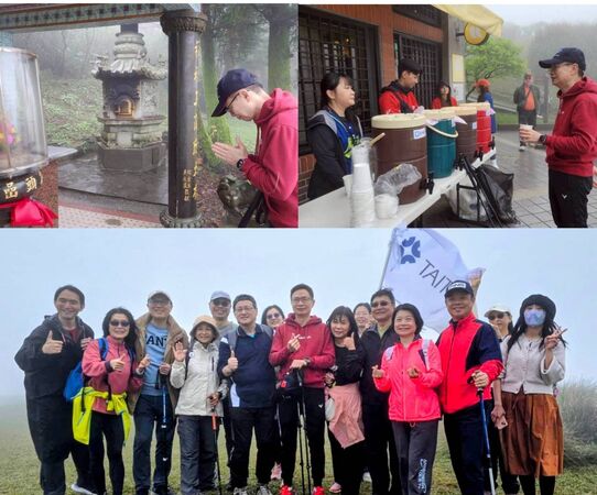 ▲左上圖黃志芳祈求土地公讓健行活動平安順利、右上圖感謝沿途薑茶站辛勞的同仁，下圖左三副秘書長周秀隆、前排左五秘書長王熙蒙Simon、前排左六董事長黃志芳、右四副秘書長邱輝立。（圖／貿協提供）