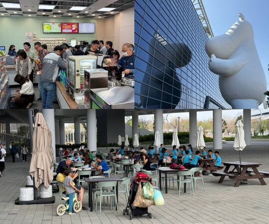 ▲左上圖全家便利店；右上圖復展的姆明；下圖戶外休息用餐區。（圖／業者提供）