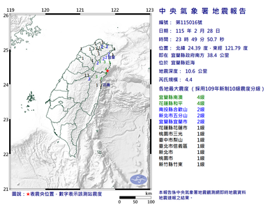 快訊／23:49宜蘭近海規模4.4「極淺層地震」　最大震度4級