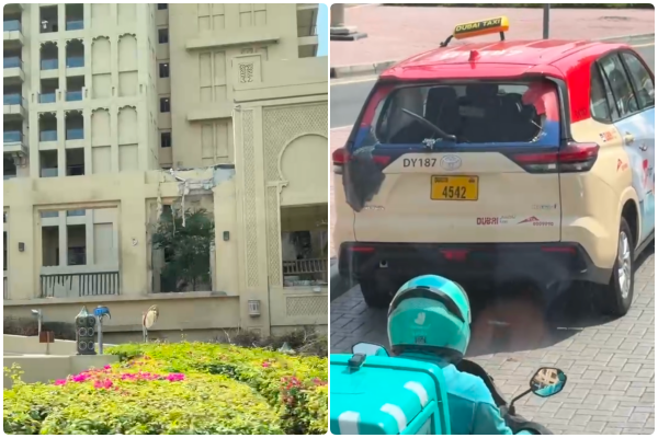 ▲旅行團遊覽車行經杜拜棕櫚島時，團員目擊受損飯店與遭炸毀的計程車。（圖／陳先生提供）