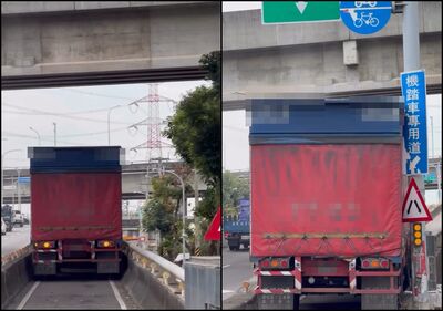聯結車「硬闖機車道」堵死路還刮壞路牌　目擊者怒：駕照雞腿換的