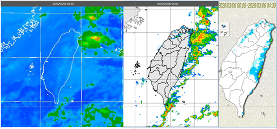 ▲▼今(6日)晨4：30紅外線色調強化雲圖顯示，東半部雲層厚實、西半部雲層鬆散(左圖)。4：40雷達回波合成圖顯示，降水回波大多在東側海上(中圖)。4：30累積雨量圖顯示，臺中以北有局部降雨、東半部較明顯(右圖)。（圖／翻攝自「洩天機教室」）