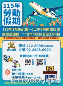勞動節連假台金航線3／9開放訂位　提供3.4萬個座位