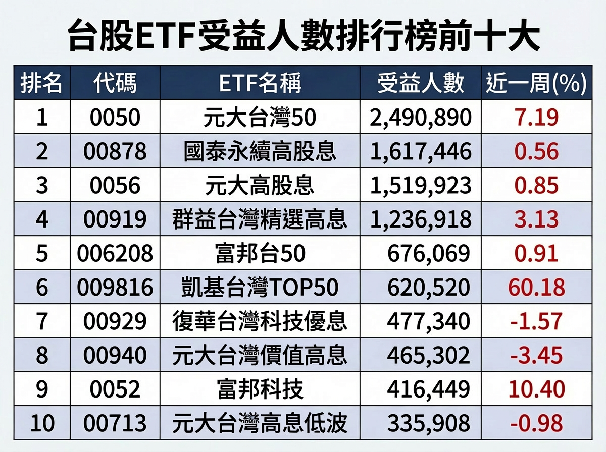 ▲▼台股ETF單周受益人數成長概況。（AI協作圖／記者林潔禎製作，經編輯審核）