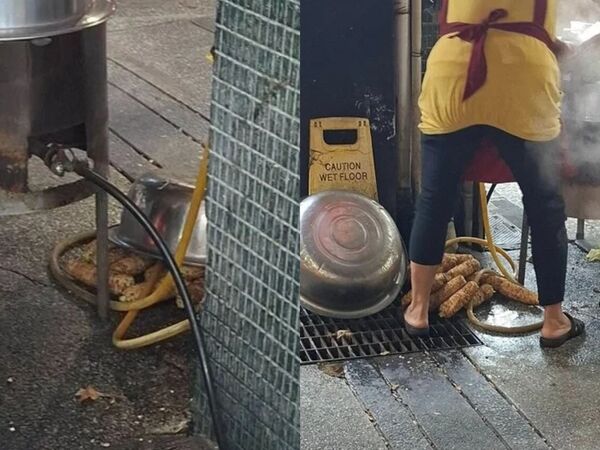 台中市北屯一家玉米攤遭網友直擊，疑似將洗過玉米放在人行道水溝蓋上，引發爭議。（翻攝自爆料公社）