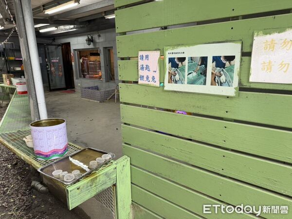▲▼兔子餐廳門口張貼「請用湯匙餵兔兔」涉及違法展演，動保處與愛兔協會救出倖存兔子，死亡的兔子被帶回解剖釐清死因，倖存兔子耳朵及腳感染疥癬             。（圖／記者陳以昇翻攝）