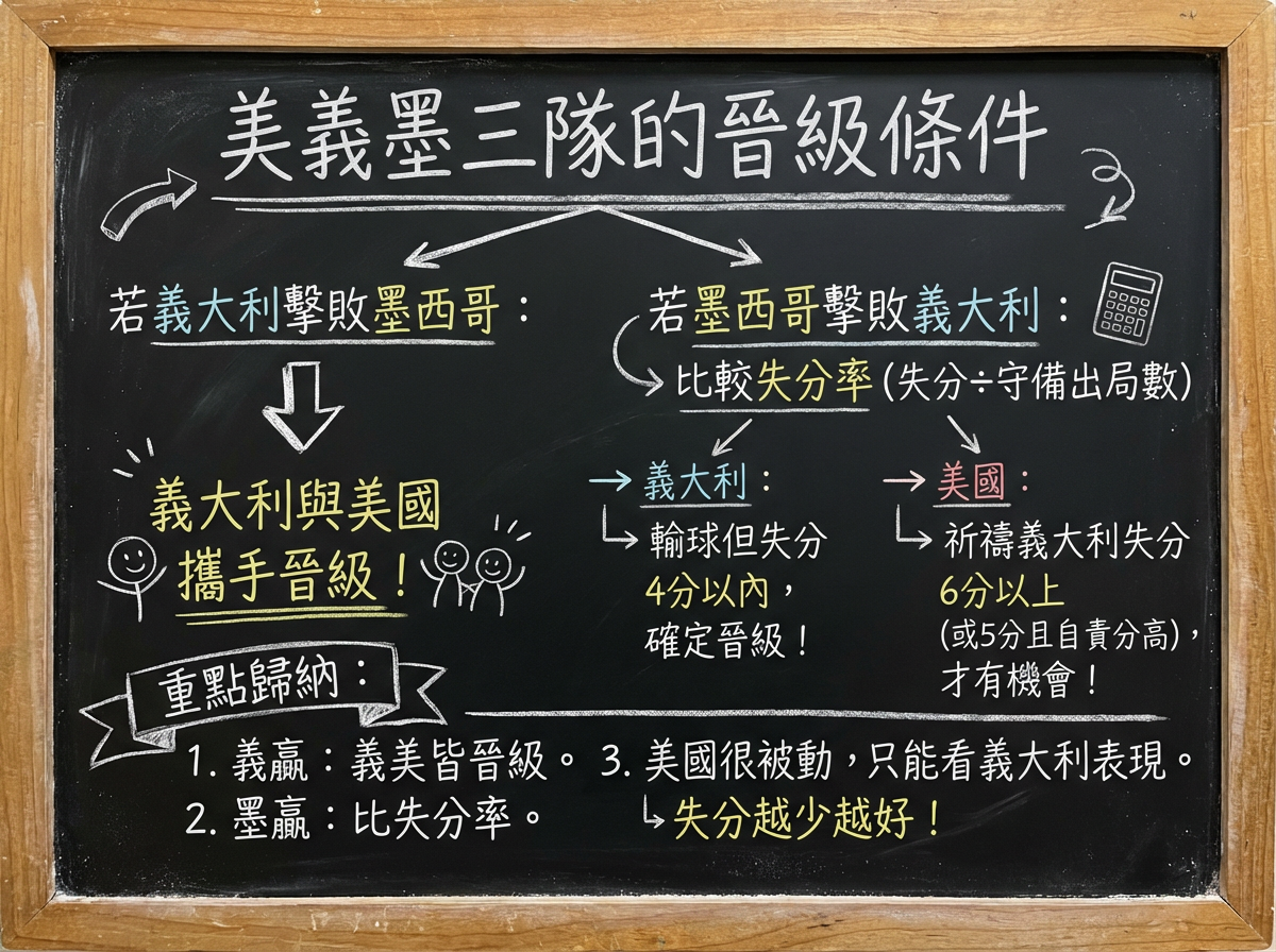 ▲美國、義大利、墨西哥三隊的晉級條件。（AI協作圖／記者周亭瑋製作，經編輯審核）