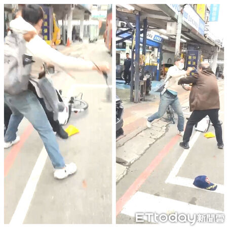 ▲楊男以腳踏車攔下公車，前議員金介壽下車協調遭車鎖敲頭。（圖／記者陸運陞翻攝）