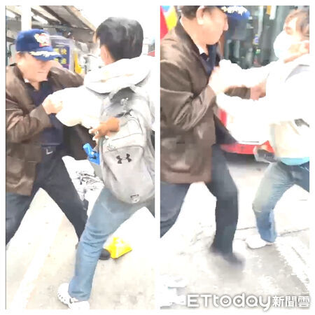 ▲楊男以腳踏車攔下公車，前議員金介壽下車協調遭車鎖敲頭。（圖／記者陸運陞翻攝）