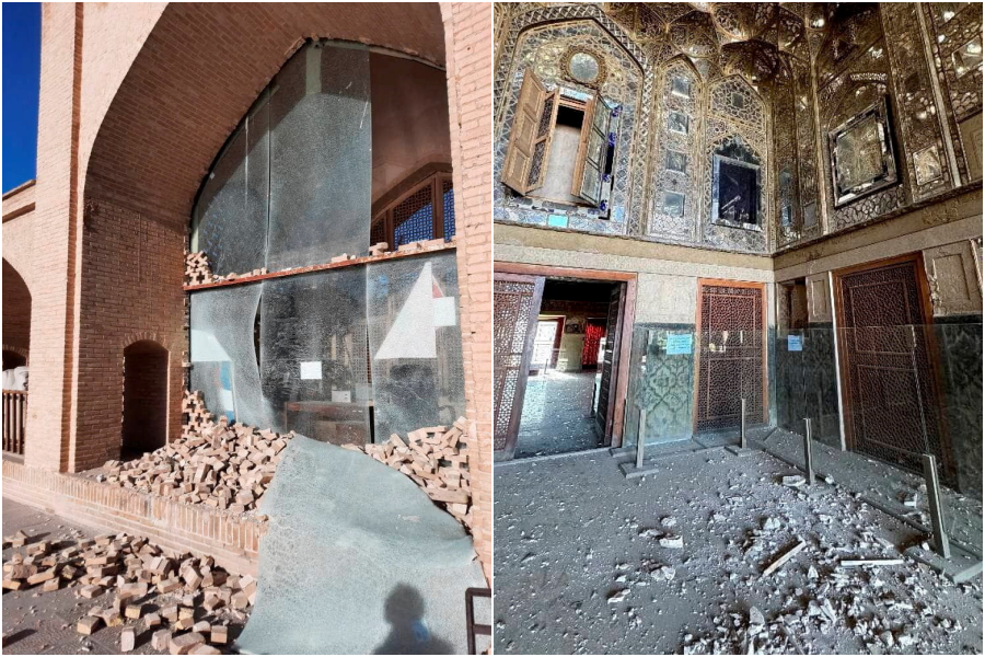 ▲▼ 美以空襲破壞伊朗歷史悠久的文化遺產，四十柱宮（Chehel Sotoun）滿地碎石。（圖／路透）