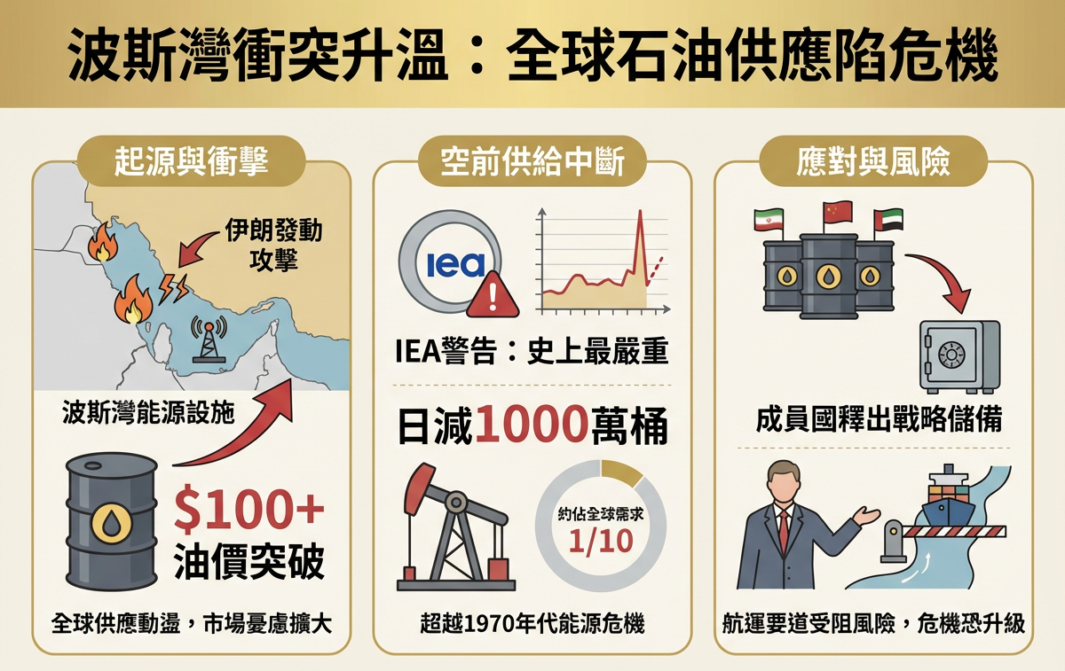 ▲▼中東戰火擴大，伊朗攻擊波斯灣能源設施，國際油價再度衝破100美元。（AI協作圖／記者董美琪製作，經編輯審核）