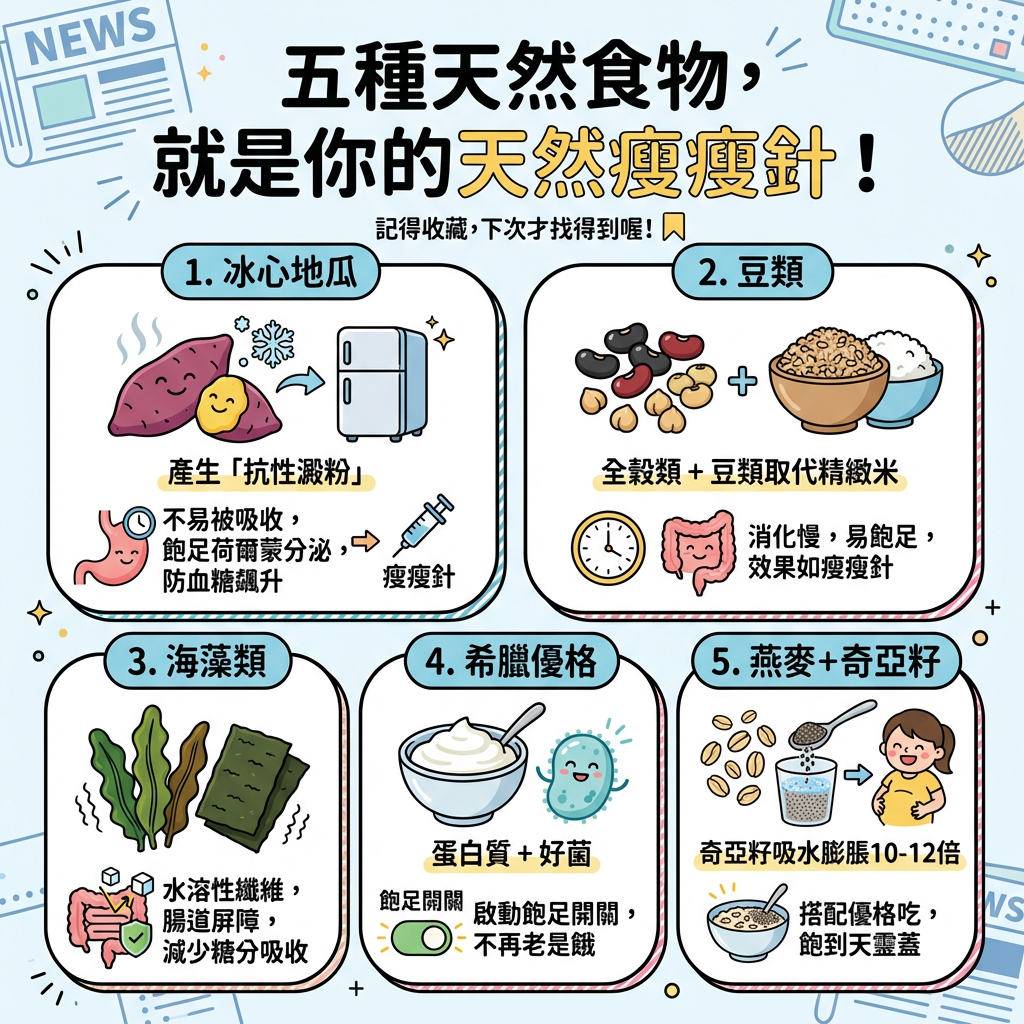▲▼不打瘦瘦針也能瘦！營養師曝5種「天然版」食物（AI協作圖／記者董美琪製作，經編輯審核）