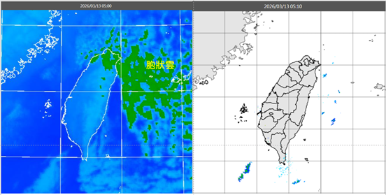▲▼今(13日)晨5時紅外線色調強化雲圖顯示，臺灣東側海上有冷平流的雲街(左圖)。5：10雷達回波合成圖顯示，無降水回波顯現（右）。（圖／翻攝自「洩天機教室」）
