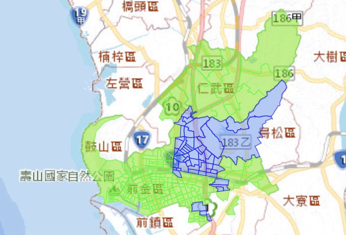▲高雄3/22停水（藍區）、壓降（綠區）範圍曝光。（圖／記者許宥孺翻攝）
