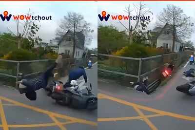 花蓮2騎士車禍慘摔！1人1車「噴進排水溝」　撞擊畫面全場看傻