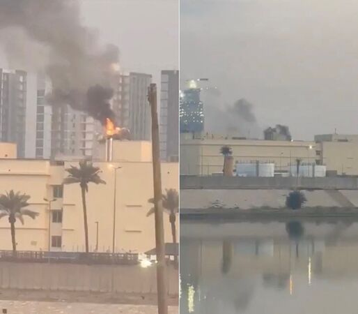 ▲▼2026年3月14日，位於巴格達的美國駐伊拉克大使館遭到飛彈攻擊冒出濃煙。（圖／路透）