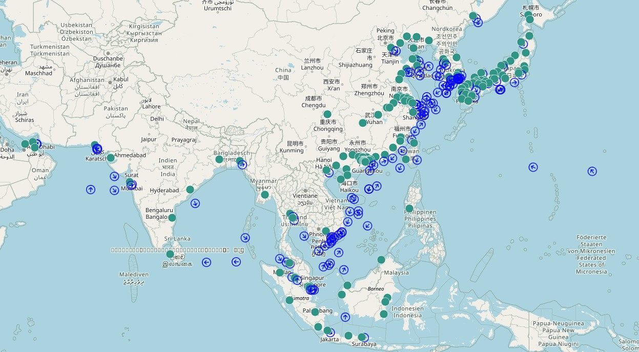▲▼「長錦商船」（Sinokor）旗下船隻的所在位置。（圖／翻攝自官網）