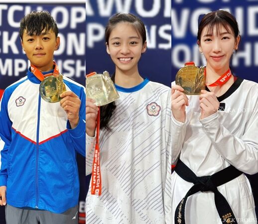 ▲左起黃鈺仁、王婕菱、林唯均在荷蘭公開賽奪下金牌。（圖／翻攝自Facebook／中華民國跆拳道協會）