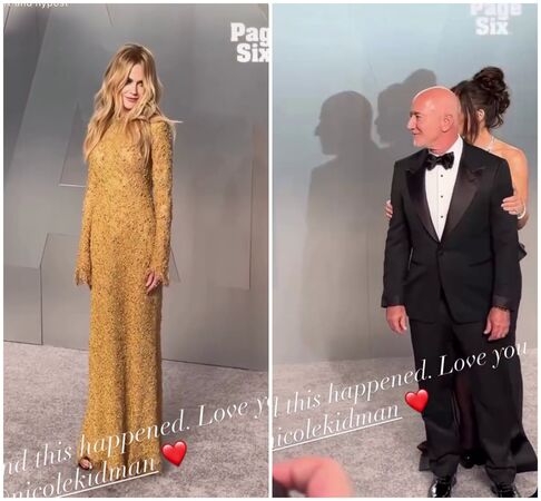 妮可基嫚巨星氣場全開（左圖），貝佐斯夫妻只能在一旁觀看（右圖）。（翻攝laurensanchezbezos IG）