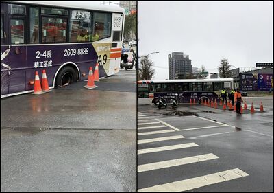 林口公車轉彎突劇烈晃動卡死 一看竟是輪胎「陷入柏油路」