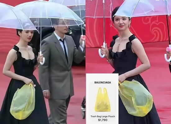 ▲張婧儀拿黃色塑膠袋。(圖/翻攝自微博)