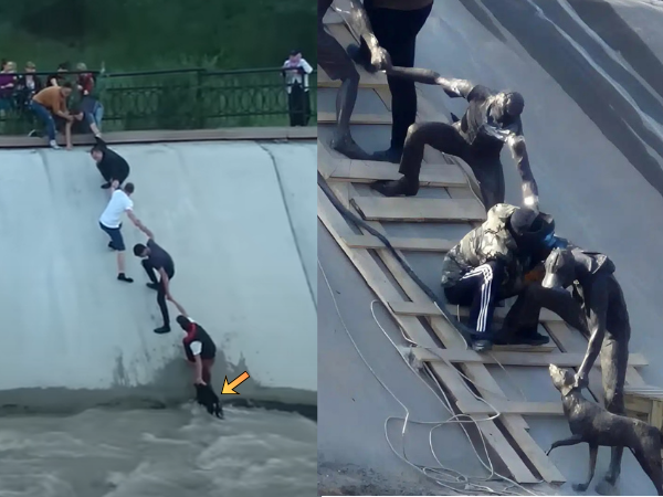 ▲黑狗受困水庫！民眾「組人鍊」救援　暖心一幕10年後化作紀念雕像。（圖／翻攝自Kursiv）