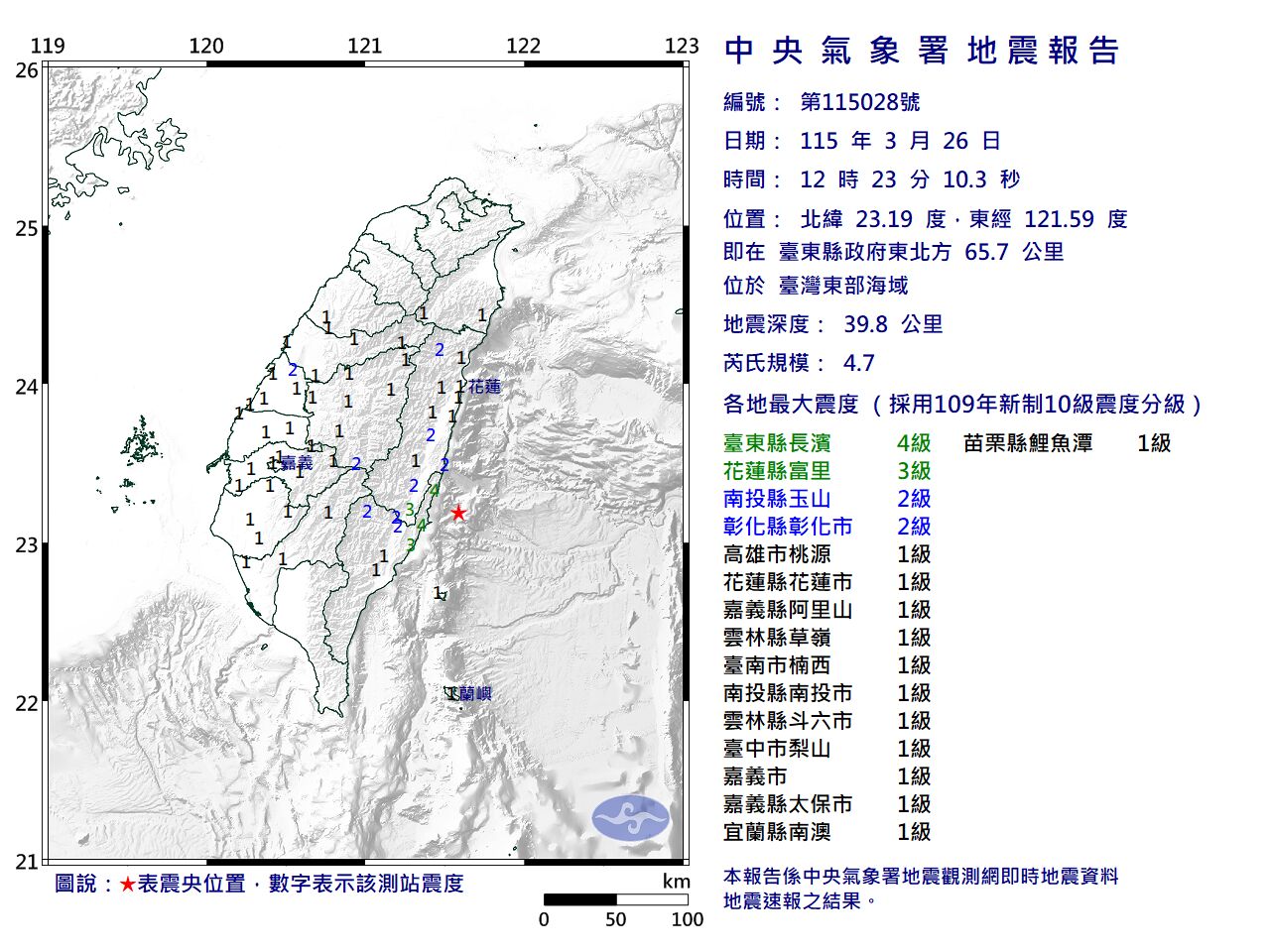 快訊/12:23東部海域規模4.7地震 最大震度4級