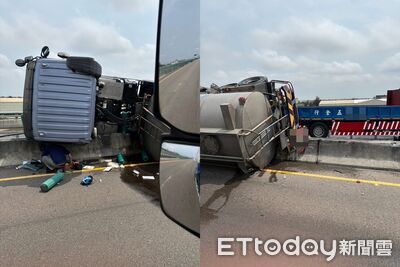 快訊／台61線186k「聯結車撞槽車」釀翻覆！　卡分隔島1人傷