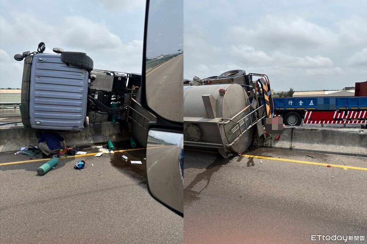 快訊/台61線186k「聯結車撞槽車」釀翻覆! 卡分隔島1人傷