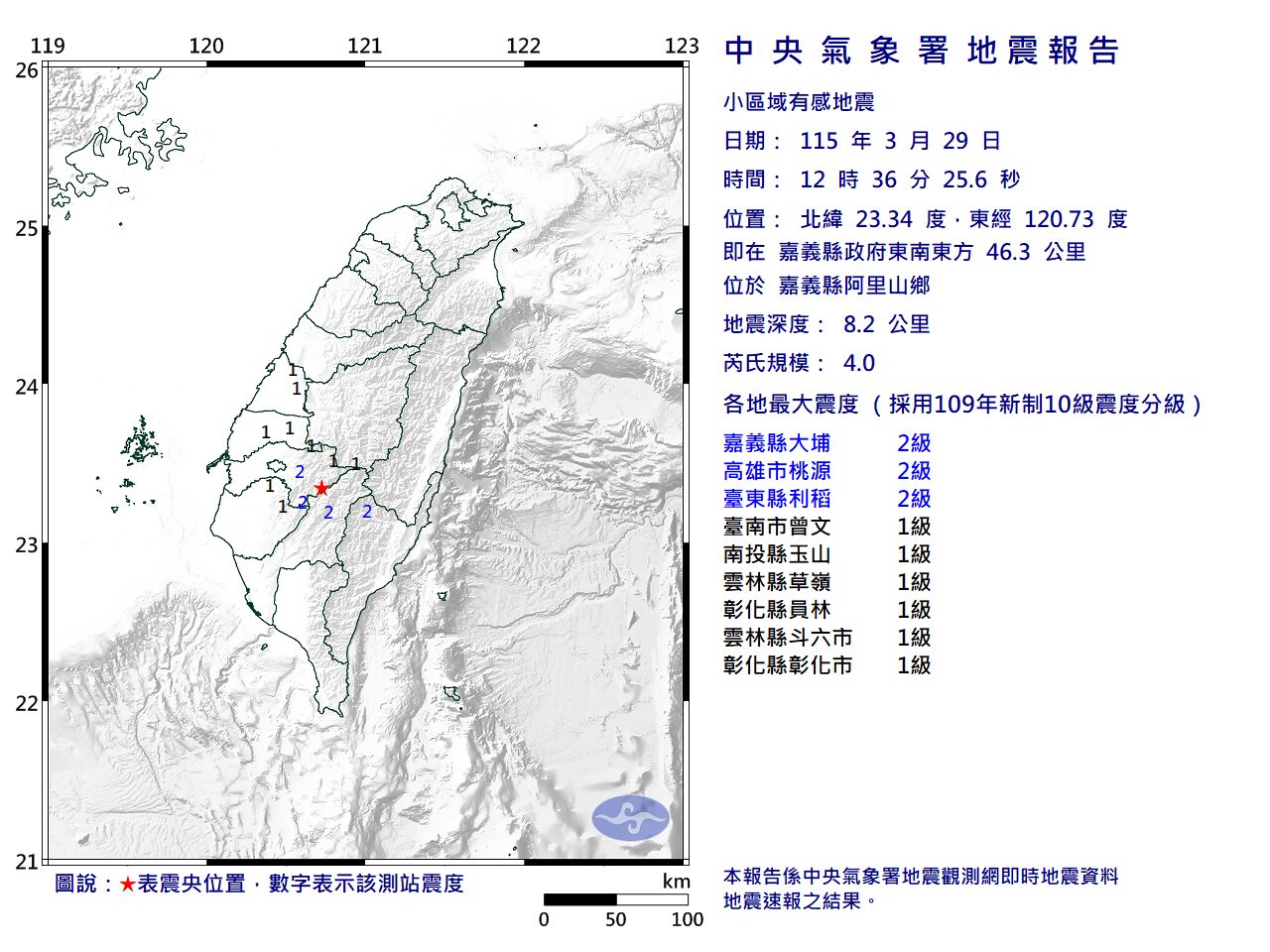 快訊/12:36嘉義阿里山鄉規模4地震 最大震度2級