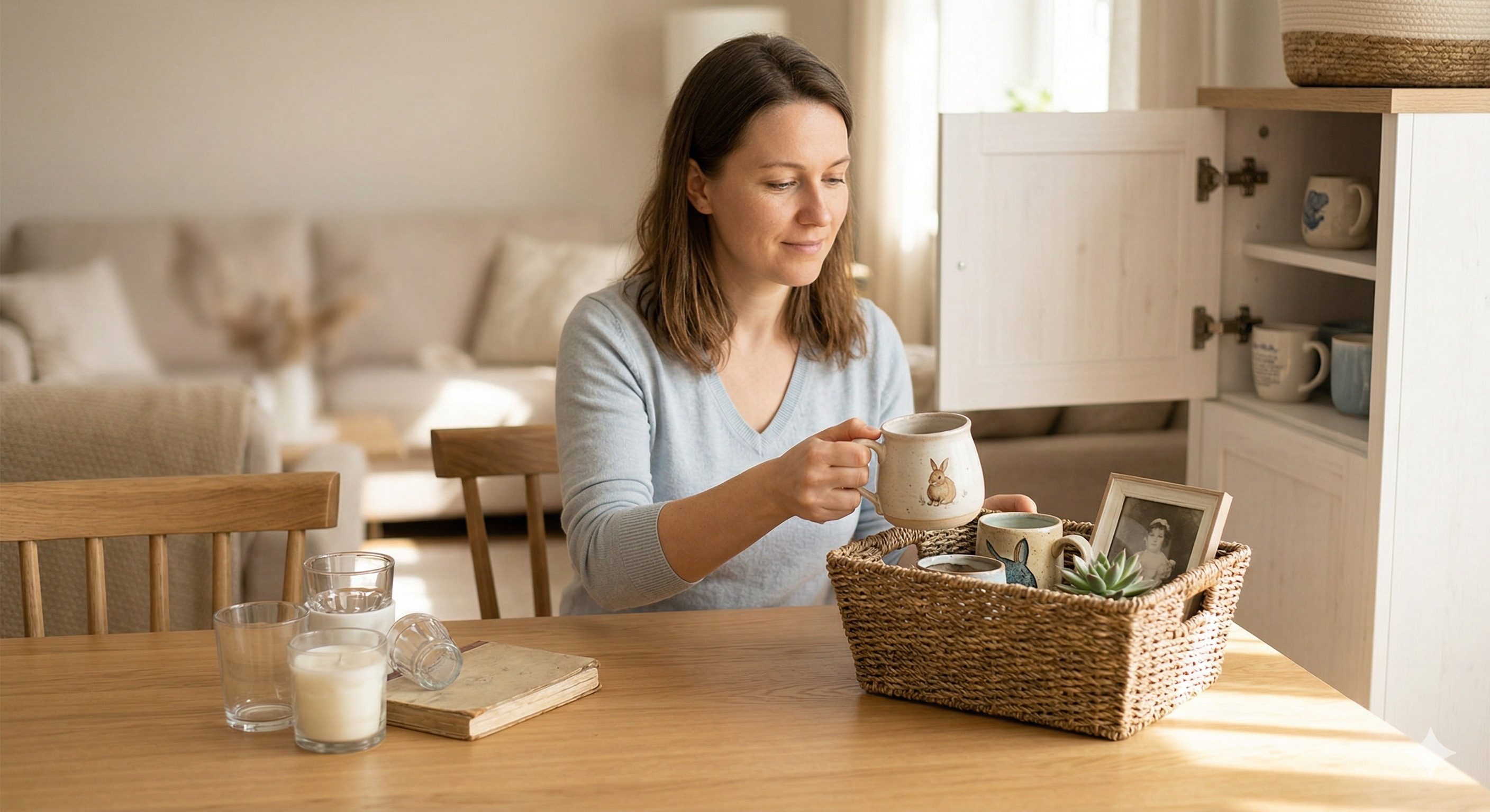 ▲女性,整理,客廳,餐桌,馬克杯,收納。（AI協作圖／記者蔡惠如製作，經編輯審核）