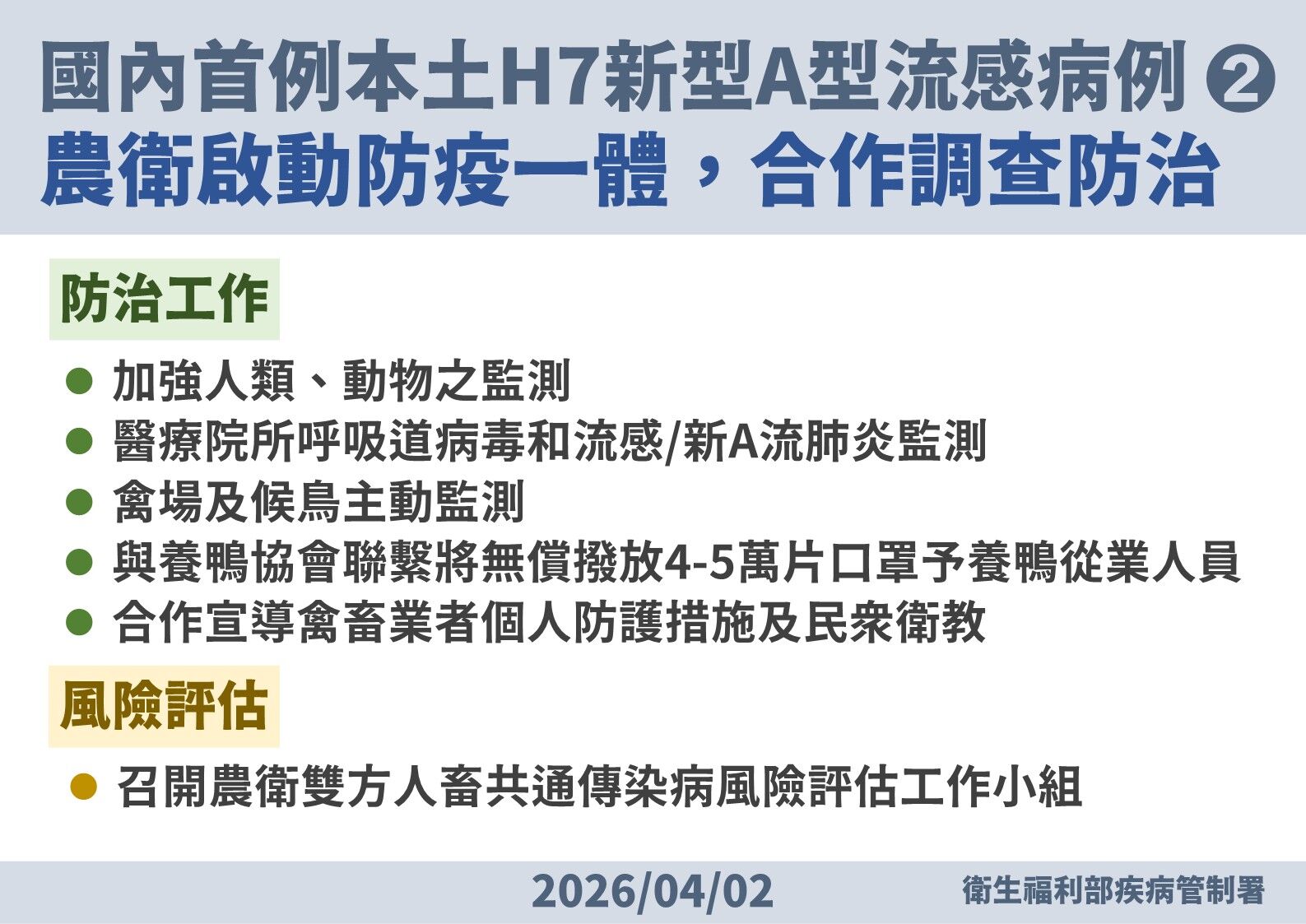 ▲▼國內首例本土H7新型A型流感病例，農衛啟動防疫一體，合作調查防治。（圖／疾管署提供）