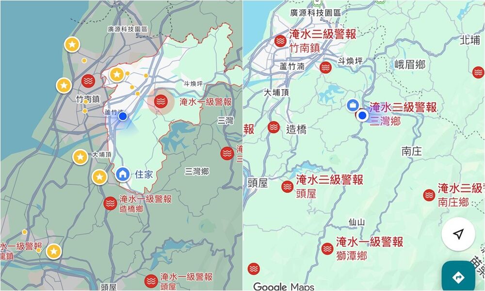 苗栗人開Google地圖嚇到!一片紅通通「淹水警報」:第一次看到