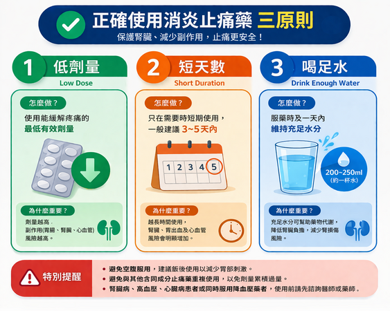 ▲▼正確使用消炎止痛藥三原則。（圖／黃彥儒藥師提供）