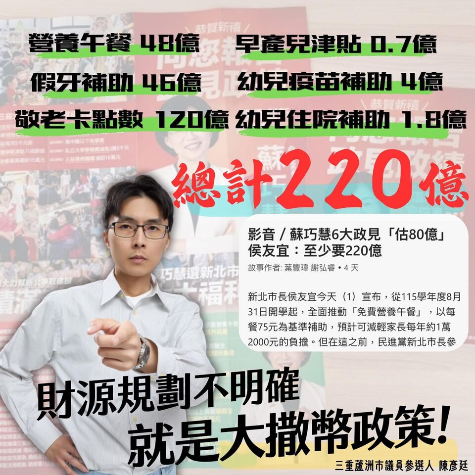蘇巧慧6大政見估花80億 陳彥廷轟:毫無專業的數字