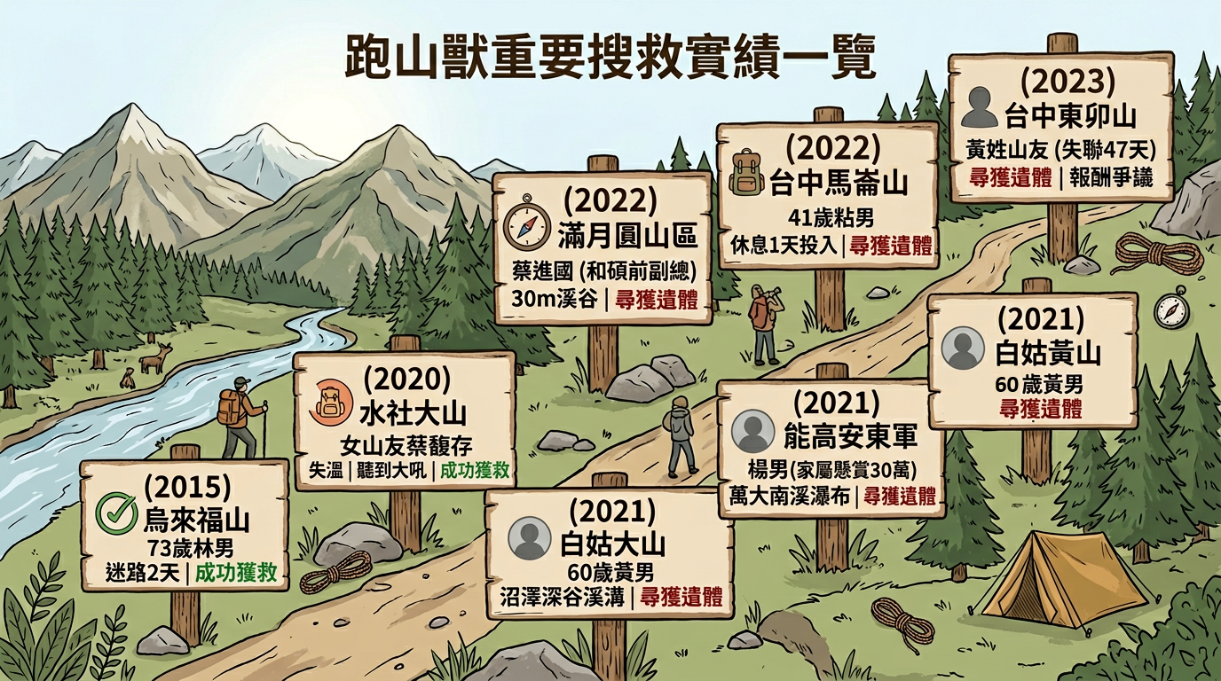 ▲▼跑山獸「救回8人性命」被罵賞金獵人　著名搜救實績一次看。（AI協作圖／記者柯沛辰製作，經編輯審核）