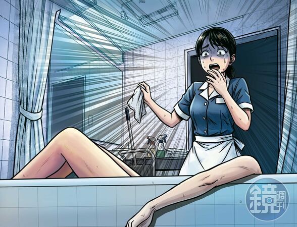 旅館房務人員發現浴缸裡有一具無頭女屍，嚇到放聲尖叫。（AI繪圖FREEPIK生成，本刊美術組後製）