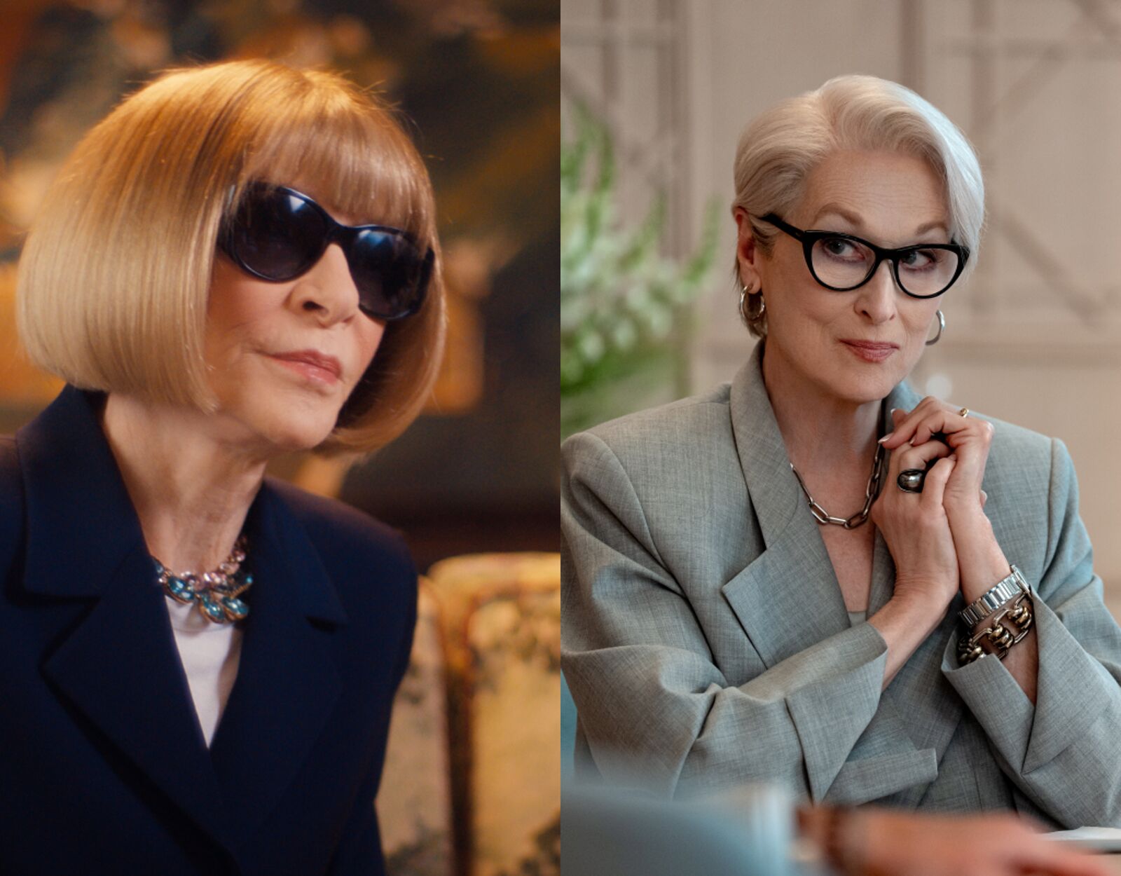 美版《Vogue》總編安娜溫圖（左）與梅莉史翠普（右）飾演《伸展台》雜誌總編米蘭達，難得同台對談。（Disney+、20世紀影業提供）